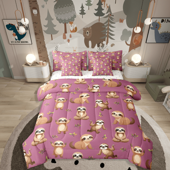 Manfei Animal Sloth 7 Pieces Bedding Comforter Set,Jungle Safari Full Bedding Set Lightweight,Kawaii Wildlife Fitted Sheet Flat Sheet,Super Cozy Cartoon Room Decorative,Reversible