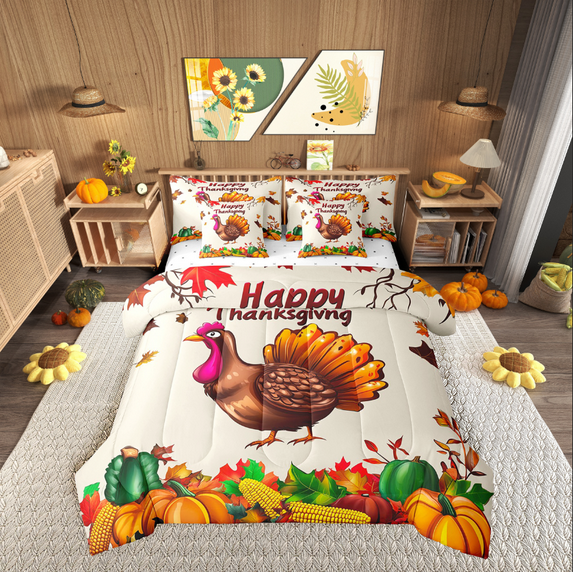 Manfei Animal Turkey Bed in a Bag Full size,Orange Pumpkin Bed Set,Botanical Plants Bedding Full Size,Lightweight Thanksgiving Day Bedroom Decorative,Reversible,7 Pieces