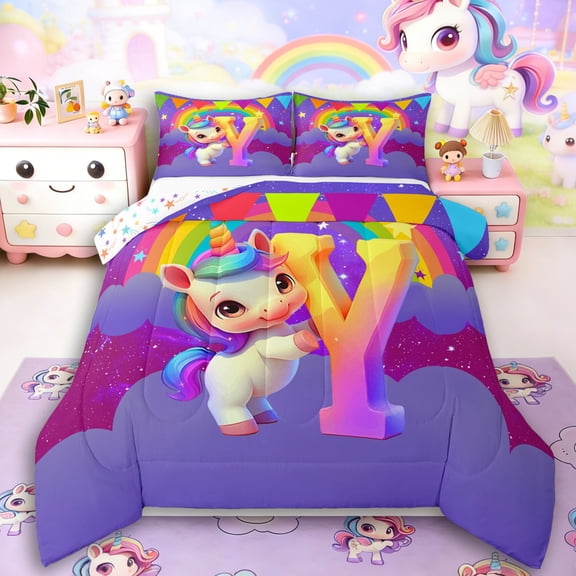 Manfei Animal Unicorn 2pcs Bedding Comforter Set,Rainbow Initial Twin Comforter Sets,Starry Sky Breathable Bedding Set,Breathable Flower Room Decoration,Reversible