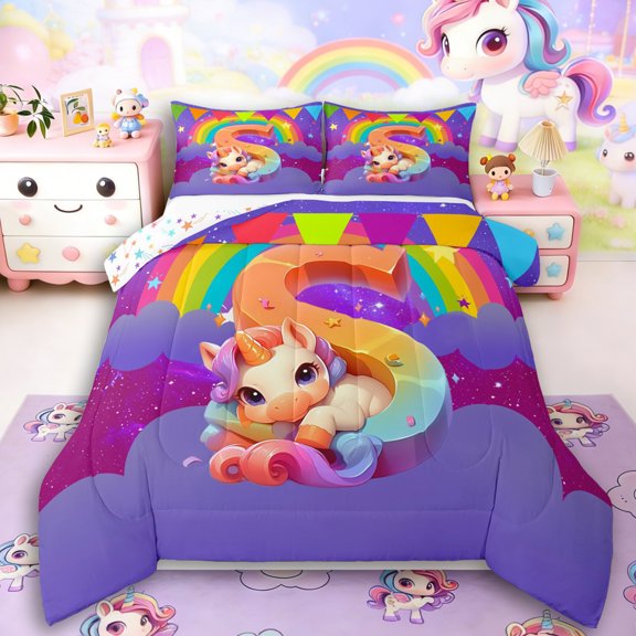 Manfei Animal Unicorn 2pcs Bedding Comforter Set,Rainbow Initial Twin Comforter Sets,Starry Sky Breathable Bedding Set,Breathable Flower Room Decoration,Reversible