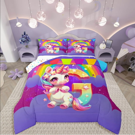 Manfei Animal Unicorn 2pcs Bedding Comforter Set,Rainbow Initial Twin Comforter Sets,Starry Sky Breathable Bedding Set,Breathable Flower Room Decoration,Reversible