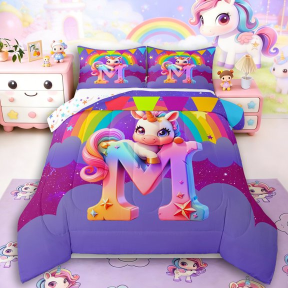 Manfei Animal Unicorn 2pcs Bedding Comforter Set,Rainbow Initial Twin Comforter Sets,Starry Sky Breathable Bedding Set,Breathable Flower Room Decoration,Reversible
