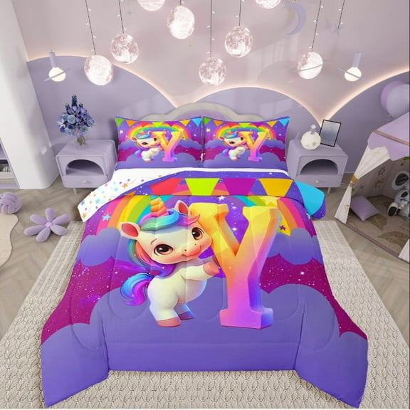 Manfei Animal Unicorn 2pcs Bedding Comforter Set,Rainbow Initial Twin Comforter Sets,Starry Sky Breathable Bedding Set,Breathable Flower Room Decoration,Reversible