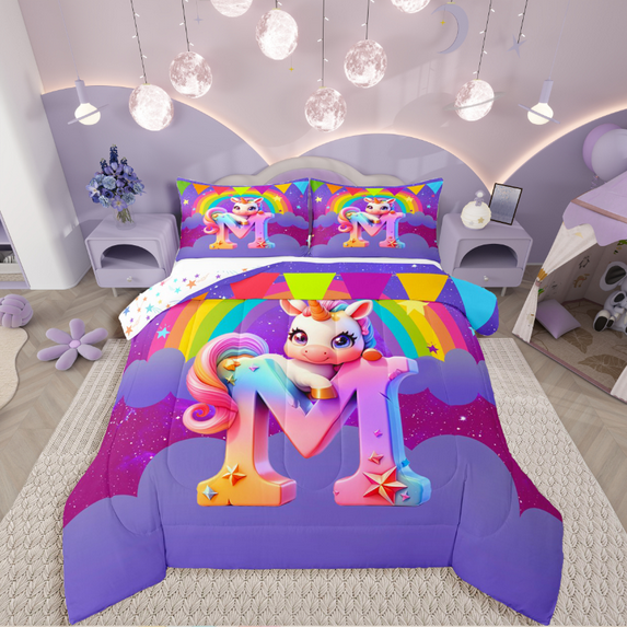 Manfei Animal Unicorn 3 Pieces Queen Comforter Set,Rainbow Initial Ultra Soft Bedding Sets,Starry Sky Bedding Comforter Set,Breathable Flower Room Decoration,Reversible