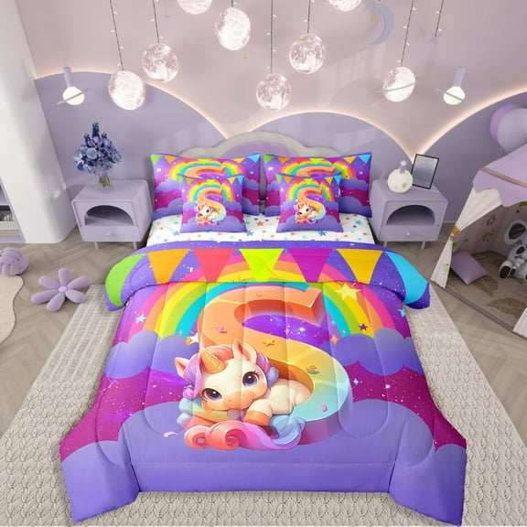 Manfei Animal Unicorn 7-Piece Twin Bedding Sets,Rainbow Initial Bedding Comforter Set,Starry Sky Breathable Sheet Sets,Breathable Flower Room Decoration,Reversible