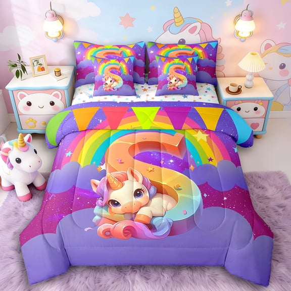 Manfei Animal Unicorn 7-Piece Twin Bedding Sets,Rainbow Initial Bedding Comforter Set,Starry Sky Breathable Sheet Sets,Breathable Flower Room Decoration,Reversible