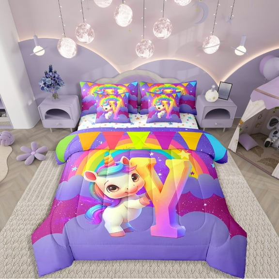 Manfei Animal Unicorn 7-Piece Twin Bedding Sets,Rainbow Initial Bedding Comforter Set,Starry Sky Breathable Sheet Sets,Breathable Flower Room Decoration,Reversible