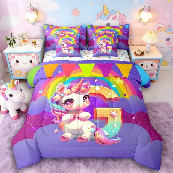 Manfei Animal Unicorn 7-Piece Twin Bedding Sets,Rainbow Initial Bedding Comforter Set,Starry Sky Breathable Sheet Sets,Breathable Flower Room Decoration,Reversible