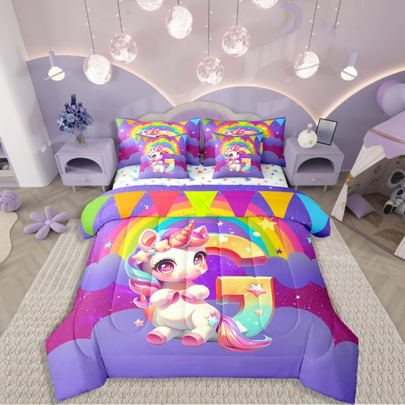 Manfei Animal Unicorn 7 Pieces Bedding Comforter Set,Rainbow Initial Full Bedding Set Lightweight,Starry Sky Fitted Sheet Flat Sheet,Breathable Flower Room Decoration,Reversible