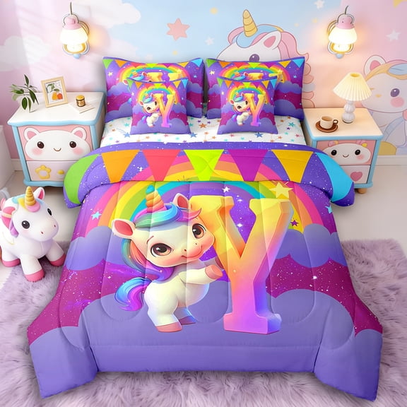 Manfei Animal Unicorn 7 Pieces Bedding Comforter Set,Rainbow Initial Full Bedding Set Lightweight,Starry Sky Fitted Sheet Flat Sheet,Breathable Flower Room Decoration,Reversible