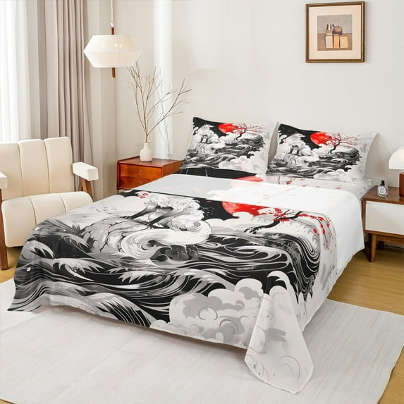 Manfei Anime Fox Twin Sheet Sets, Japanese Cartoon Twin Fitted Sheet, Traditional Ukiyoe Flat Sheet, Lightweight Room Decor 3pcs
