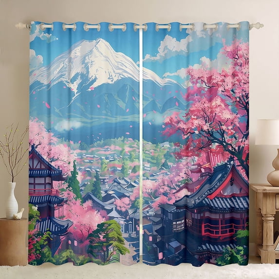 Manfei Anime Fuji Black Out Curtains for Girls, Cherry Town Curtains Pack of 2 (42x63 Each), Pink Blue White