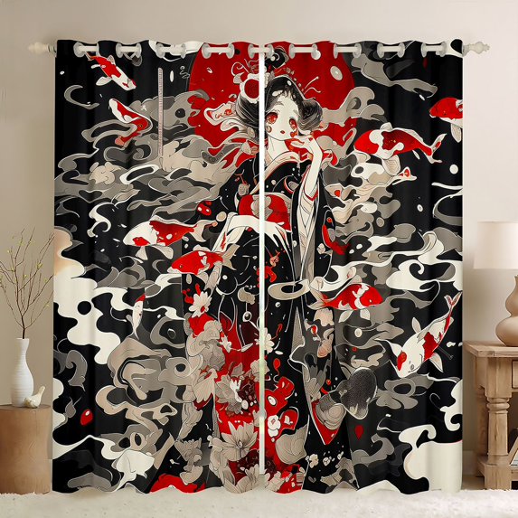 Manfei Anime Geisha Koi Black Out Curtains for Girls, Red Sun Cloud Curtains Pack of 2 (42x63 Each), Black Red White