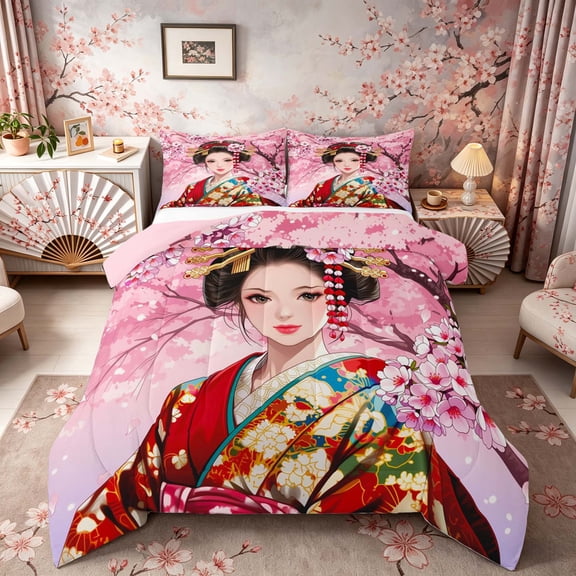 Manfei Anime Geisha Queen Comforter Set for Teens, Sakura Kimono Bedding Comforter Set, Pink Red, Pink Reversible 3pcs, 1 Comforter and 2 Pillowcases