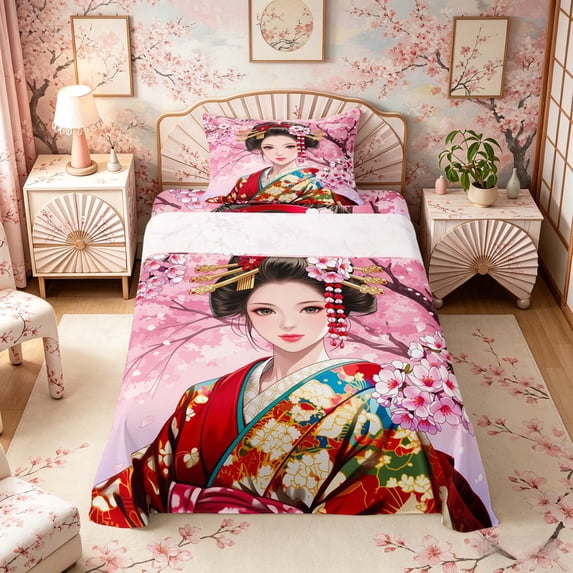 Manfei Anime Geisha Twin Sheet Sets for Teens, Sakura Kimono Bedding, Pink Red 3pcs, 1 Flat Sheet, 1 Fitted Sheet and 1 Pillowcase
