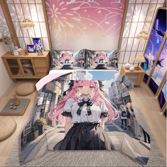 Manfei Anime Girl 3 Pieces Queen Comforter Set,Japanese Style Bedding Sets,Japanese Animation Bedding Comforter Set,Breathable Cartoon Room Decoration,Reversible