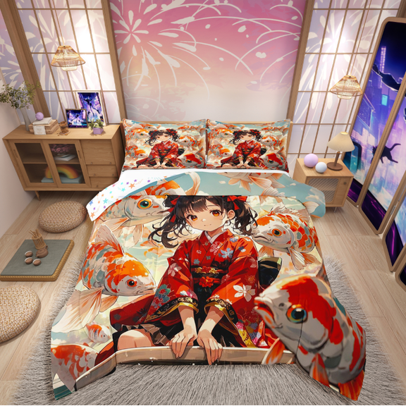 Manfei Anime Girl 3 Pieces Queen Comforter Set,Koi Fish Bedding Sets,Japanese Style Bedding Comforter Set,Microfiber Cartoon Room Decoration,Reversible