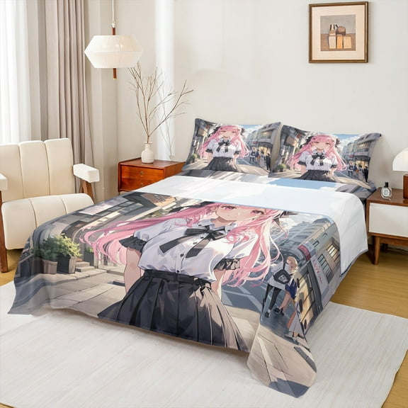 Manfei Anime Girl 3pcs Twin Sheet Sets,Japanese Style Twin Fitted Sheet,Japanese Animation Breathable Flat Sheet,Cartoon Room Decoration