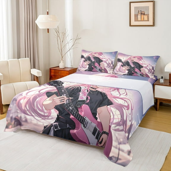 Manfei Anime Girl 4pcs Bed Sheets,Music Guitar King Sheets,Japanese Style Super Cozy Sheet Set,Teenager Bedroom Decor