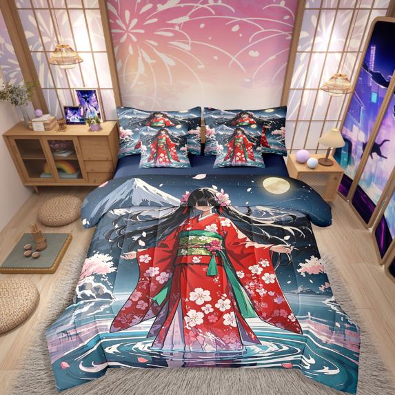 Manfei Anime Girl 7-Piece Bedding Comforter Set,Japanese Kimono King Bedding Sets,Cherry Blossom Ultra Soft Bed Sheets,Lightweight Cartoon Room Decorative,Reversible