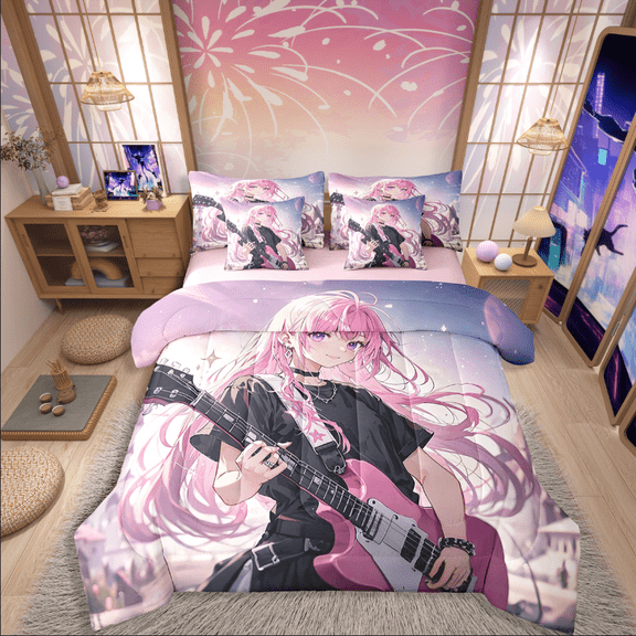 Manfei Anime Girl 7-Piece Bedding Comforter Set,Music Guitar King Bedding Sets,Japanese Style Ultra Soft Bed Sheets,Lightweight Teenager Bedroom Decor,Reversible