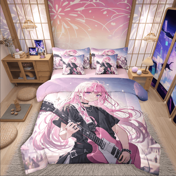 Manfei Anime Girl 7-Piece Twin Bedding Sets,Music Guitar Bedding Comforter Set,Japanese Style Breathable Sheet Sets,Lightweight Teenager Bedroom Decor,Reversible