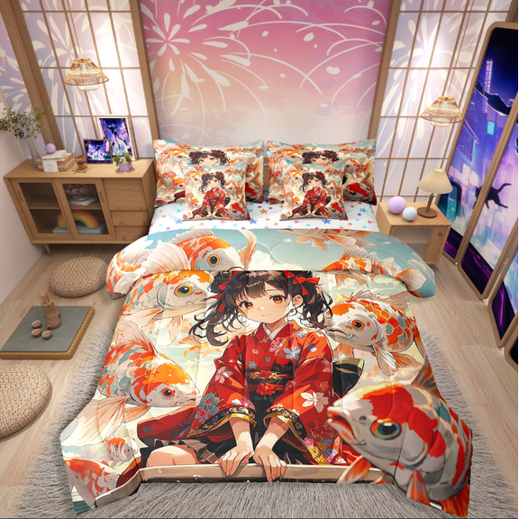 Manfei Anime Girl 7pcs Bedding Comforter Set,Koi Fish Queen Bedding Sets Super Cozy,Japanese Style Queen Sheet Sets,Microfiber Cartoon Room Decoration,Reversible