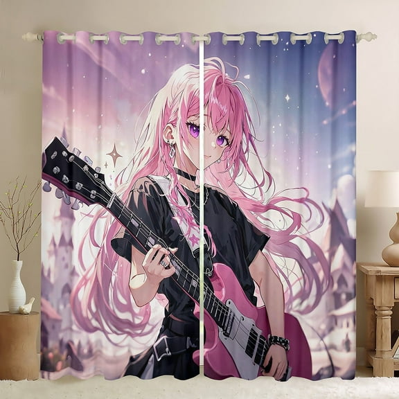 Manfei Anime Girl Blackout Curtains Set of 2 (52x84 Each),Music Guitar Window Curtains,Japanese Style Curtains and Drapes,Teenager Bedroom Decor