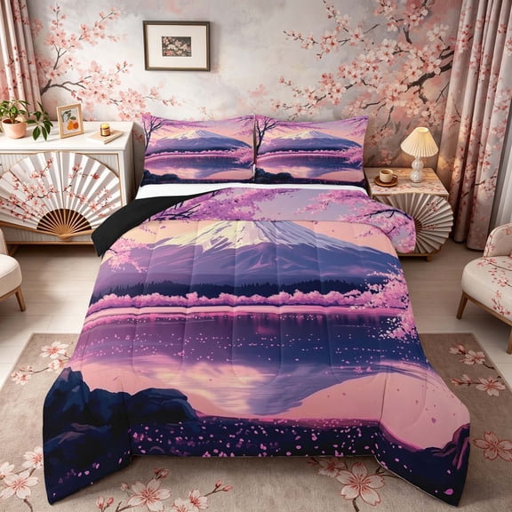 Manfei Anime Style Fuji Cherry Queen Comforter Set for Home, Lake Reflection Bedding Comforter Set for Office, Pink Purple, Black Reversible 3pcs, 1 Comforter and 2 Pillowcases