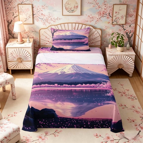 Manfei Anime Style Fuji Cherry Twin Sheet Sets for Home, Lake Reflection Bedding for Office, Pink Purple 3pcs, 1 Flat Sheet, 1 Fitted Sheet and 1 Pillowcase