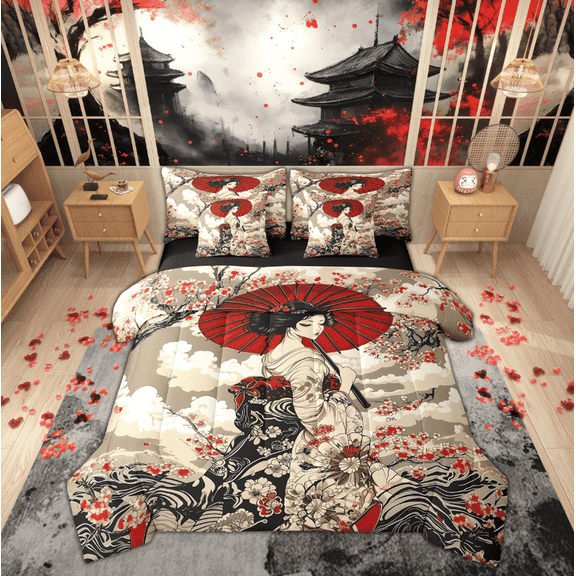 Manfei Anime Warrior Bedding Twin Size, Red Blossoms Floral Bedding Sets Twin Size, Japanese Style Reversible Comforter Sets with Sheets, Lightweight Room Decoration, 7pcs