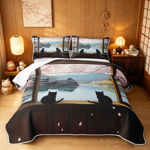 Manfei Anime Window Cat Quilt Full, Cherry Blossom Full Bedspread Sets, Brown Blue, 3 Pieces, 1 Coverlet and 2 Pillowcases