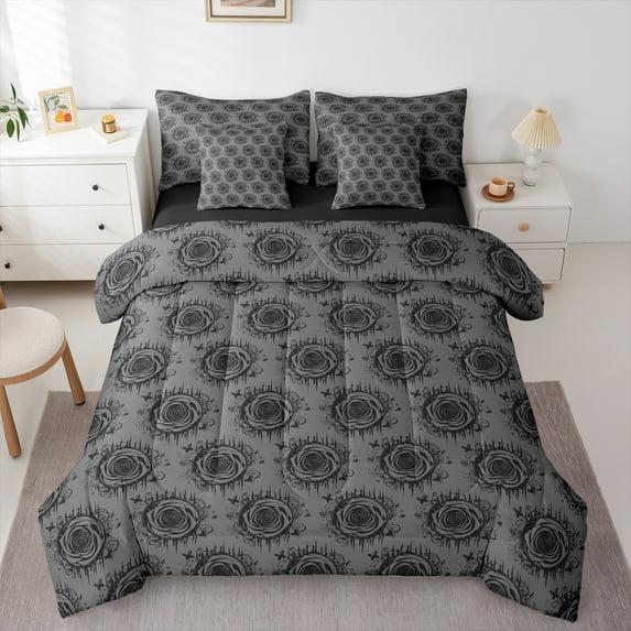 Manfei Anniversary Rose Print Twin Bedding Sets 7-Piece, Black Grey Bedding Comforter Set, Vintage Flower Floral Reversible Sheet Sets, Breathable Home Decor
