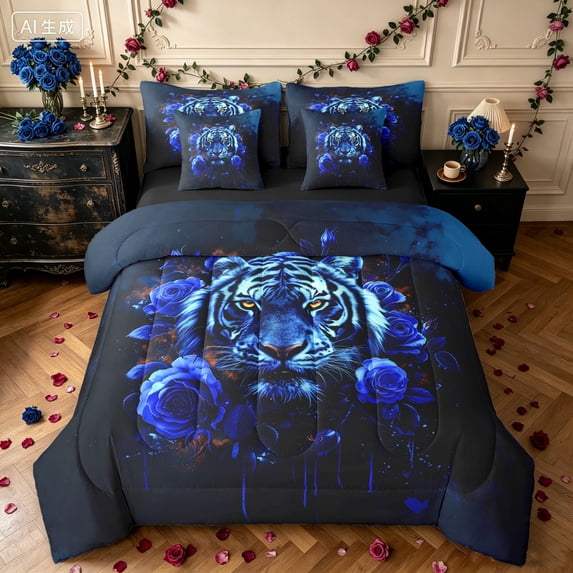 Manfei Anniversary Tiger Full Size Bedding Sets, Dark Romantic Rose Full Size Bed in a Bag, Navy, Black Reversible, 7-Piece