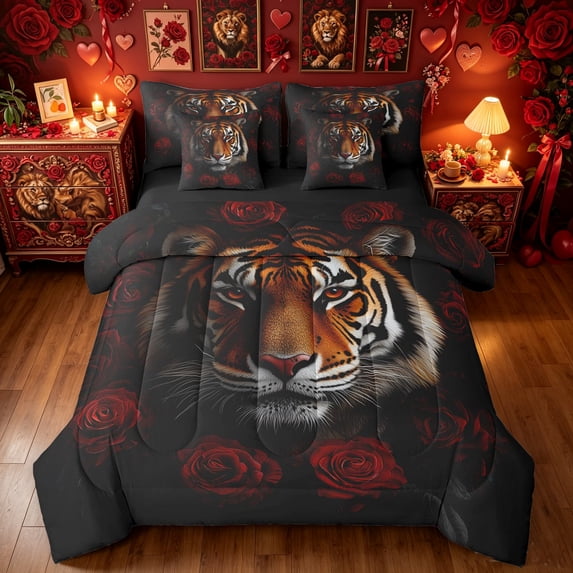 Manfei Anniversary Tiger Print King Bedding, Valentine's Day Animal King Bed in a Bag, Black Red, Black Reversible, 7 Pieces