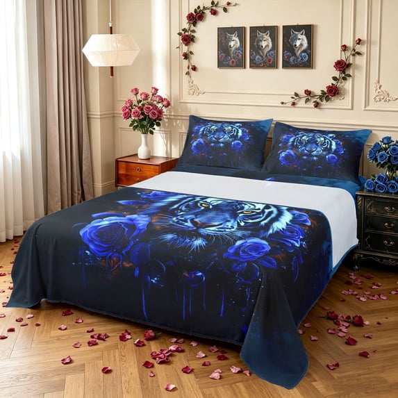 Manfei Anniversary Tiger Queen Sheets, Dark Romantic Rose Queen Sheet Sets, Navy, 4-Piece, 1 Flat Sheet, 1 Fitted Sheet and 2 Pillowcases