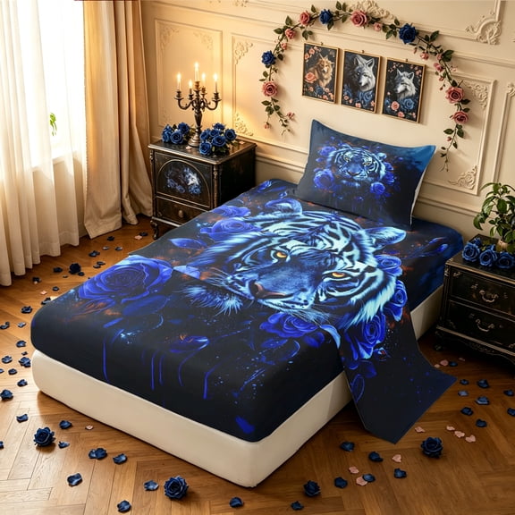 Manfei Anniversary Tiger Twin Sheets, Dark Romantic Rose Bedding, Navy, 3-Piece, 1 Flat Sheet, 1 Fitted Sheet and 1 Pillowcase