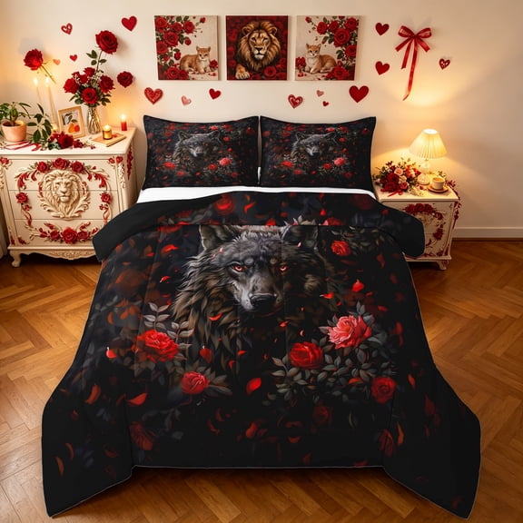 Manfei Anniversary Wolf Full Size Comforter Sets, Valentine's Day Rose Bedding Comforter Set, Black Burgundy, Black Reversible, 3 Pieces, 1 Comforter and 2 Pillowcases