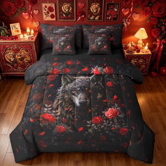 Manfei Anniversary Wolf Twin Bedding, Valentine's Day Rose Bedding Comforter Set, Black Burgundy, Black Reversible, 7 Pieces