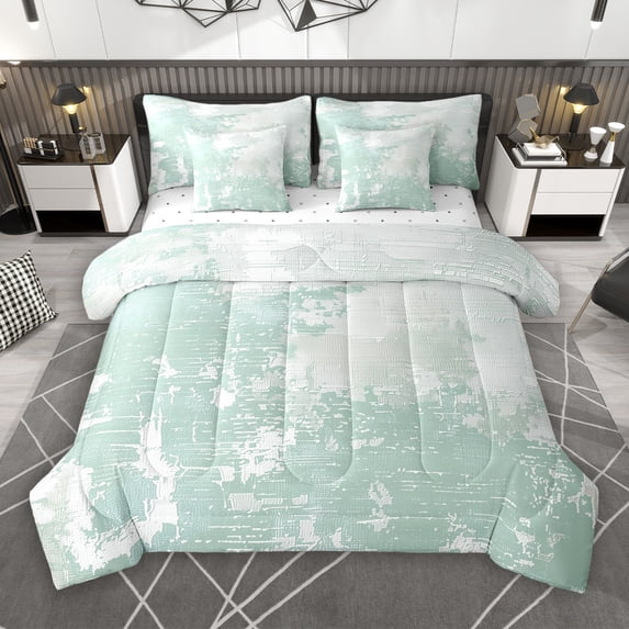Manfei Aqua Marine Chic Abstract 7-Piece Twin Bedding Sets for Adult, Oil Printing Bedding Comforter Set, Mid Century Artwork Reversible Sheet Sets, Luxury Bedroom Decor