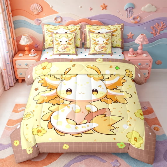 Manfei Aquatic Axolotl 7pcs Queen Bedding,Ocean Amphibian Print Bedding Comforter Set Queen,Polkadot Reversible