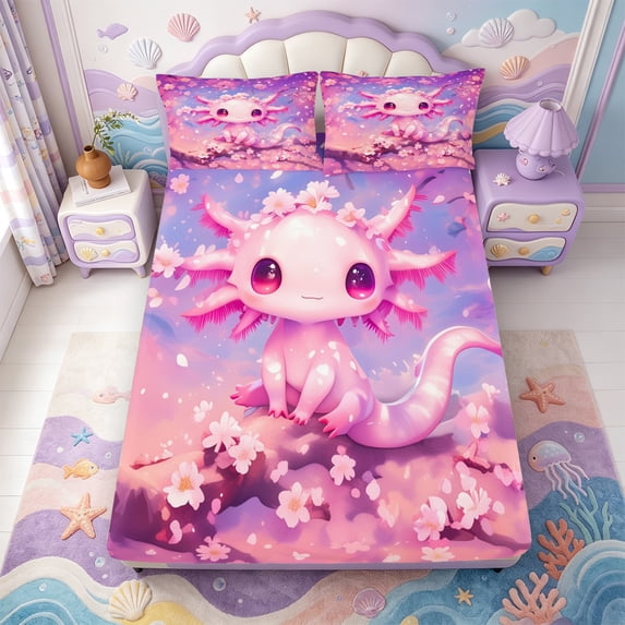 Manfei Aquatic Axolotl Fitted Sheet Full,Ocean Animal Bed Set,3 Pieces,1 Fitted Sheet and 2 Pillowcases
