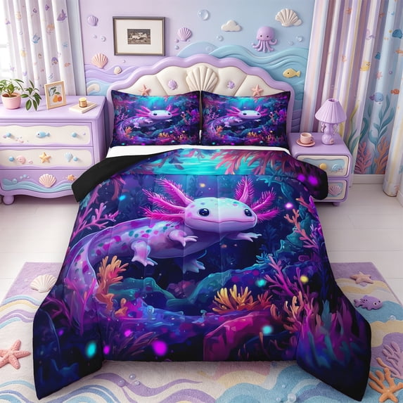 Manfei Aquatic Axolotl Full Size Comforter Sets,Colorful Salamander Bedding Comforter Set,Black Reversible,3 Pieces,1 Comforter and 2 Pillowcases