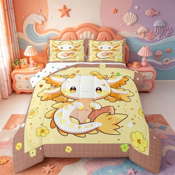 Manfei Aquatic Axolotl Full Size Comforter Sets,Ocean Amphibian Print Bedding Comforter Set,Polkadot Reversible,3 Pieces,1 Comforter and 2 Pillowcases