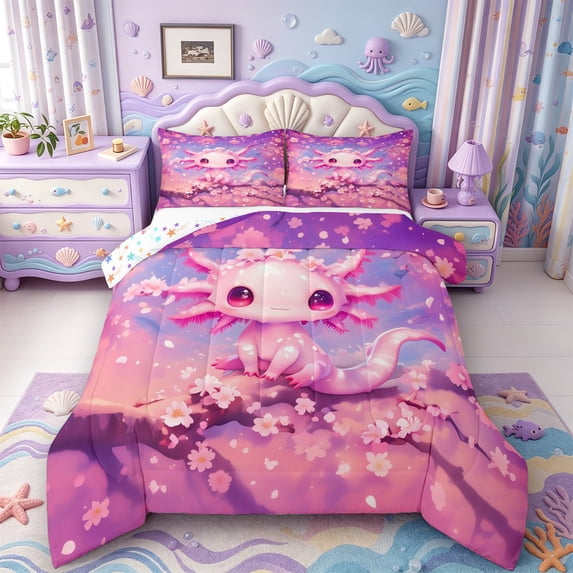 Manfei Aquatic Axolotl Full Size Comforter Sets,Ocean Animal Bedding Comforter Set,Colorful Stars Reversible,3 Pieces,1 Comforter and 2 Pillowcases
