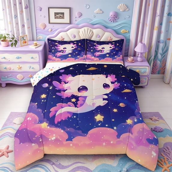 Manfei Aquatic Axolotl Queen Comforter Set,Watercolor Animals Pattern Comforter Sets Queen,Colorful Stars Reversible,3 Pieces,1 Comforter and 2 Pillowcases