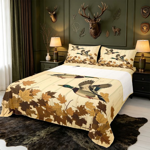 Manfei Aquatic Bird Pattern Bed Sheets,Rustic Green Billed Duck Full Size Sheets,4pcs,1 Flat Sheet,1 Fitted Sheet and 2 Pillowcases