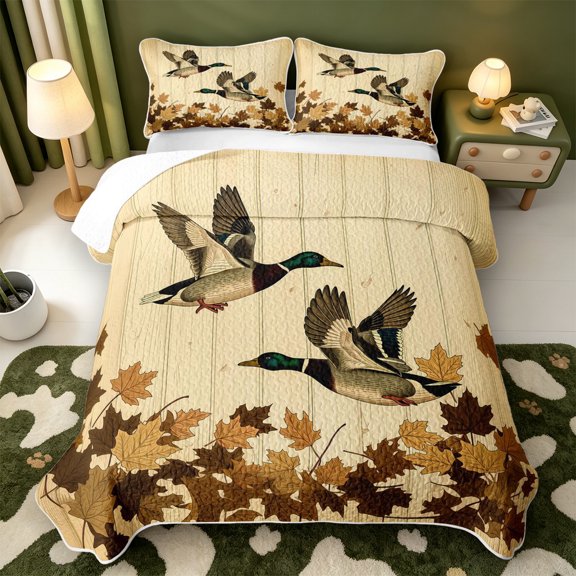 Manfei Aquatic Bird Pattern Bed Spread Queen,Rustic Green Billed Duck Queen Coverlet Set,3-Piece,1 Quilt and 2 Pillowcases