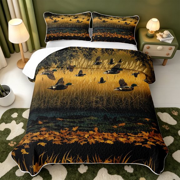 Manfei Aquatic Bird Pattern Bed Spread Queen,Rustic Mallard Queen Coverlet Set,3-Piece,1 Quilt and 2 Pillowcases