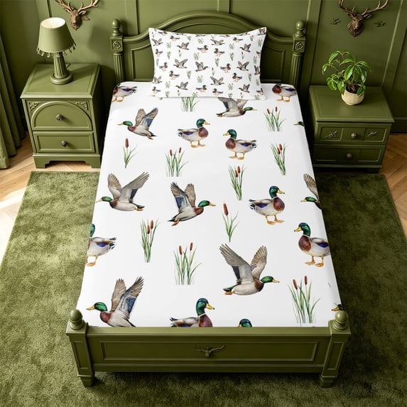Manfei Aquatic Bird Pattern Fitted Sheet Full,Farmhouse Cabin Bed Set,3pcs,1 Fitted Sheet and 2 Pillowcases